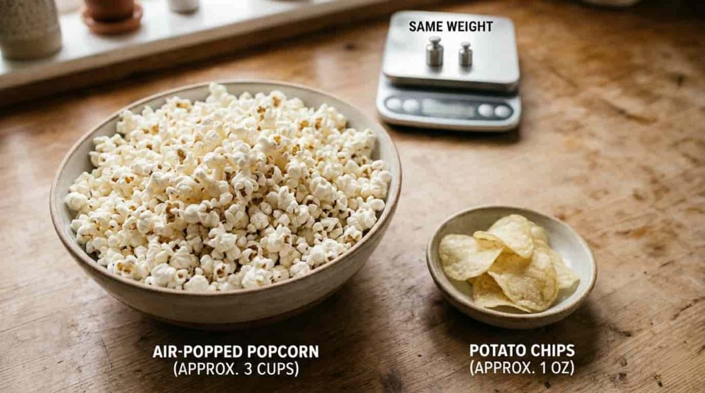 Air-popped popcorn vs potato chips showing low calorie snack volume difference
