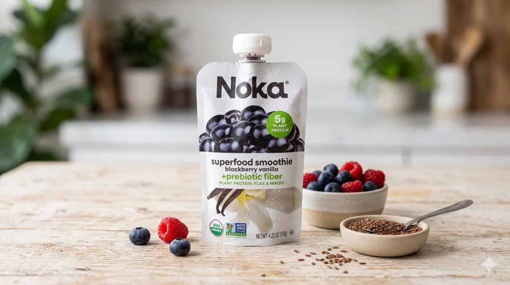 Noka superfood smoothie pouch with fresh berries and flax seeds on wooden table