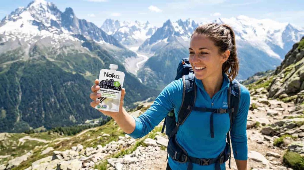 Hiker holding Noka superfood smoothie pouch in mountains