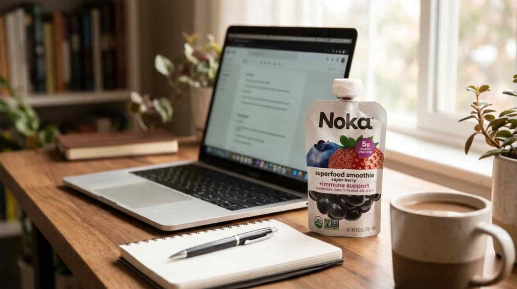 Noka superfood smoothie pouch on work desk with laptop and notebook