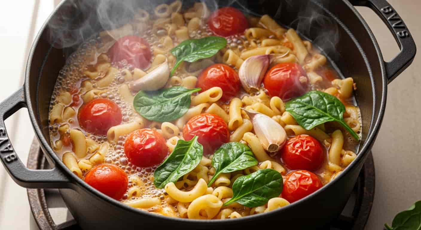 one pot pasta recipe with tomato garlic and spinach cooking in pot
