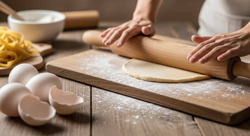 fresh homemade pasta dough being rolled with eggs and flour on wooden surface