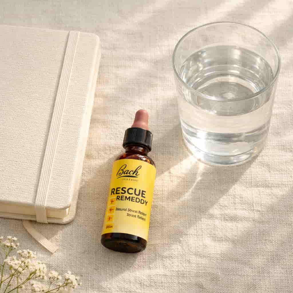 A small Rescue Remedy dropper bottle beside a glass of water and a journal in soft natural light