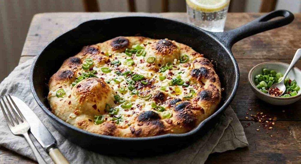 Crispy sourdough discard flatbread cooked in skillet with green onions