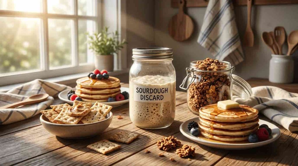 Sourdough discard recipes setup with pancakes crackers and granola