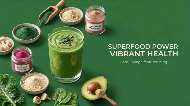 Superfood powder featured image with green smoothie, spirulina, lion’s mane, avocado, and beetroot on green background