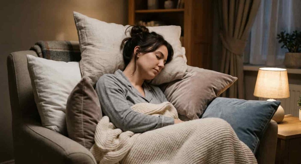 Person sleeping upright with pillows to reduce toothache pain and pressure at night