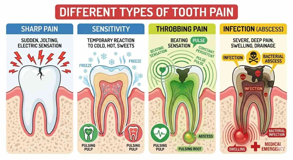 Different types of toothache pain including sharp pain, throbbing pain, sensitivity, and infection illustrated