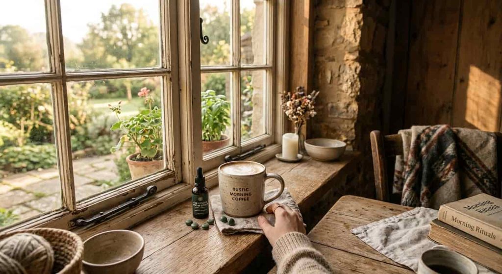 Willie’s Remedy CBD coffee in a cozy morning setting with natural sunlight