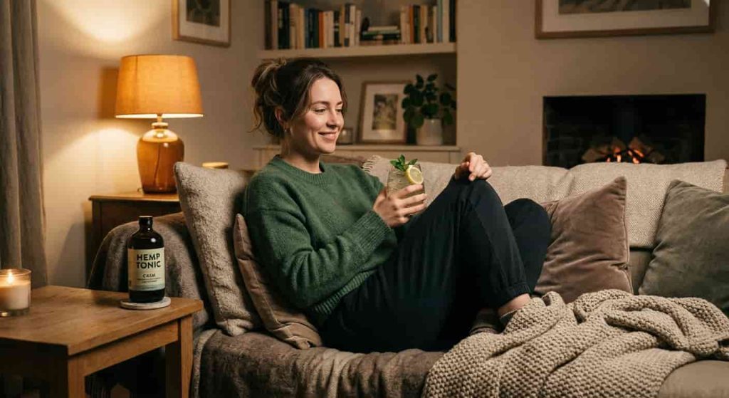 Person relaxing with Willie’s Remedy tonic as an alcohol-free evening drink