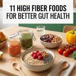 High fiber foods including oats, lentils, berries, and chia for gut health