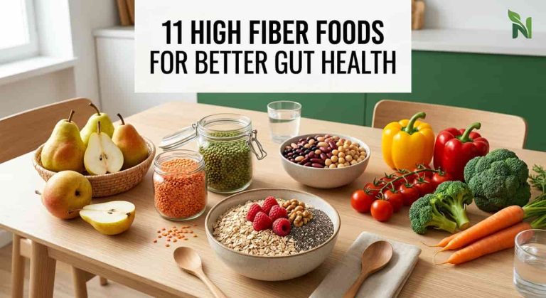 High fiber foods including oats, lentils, berries, and chia for gut health
