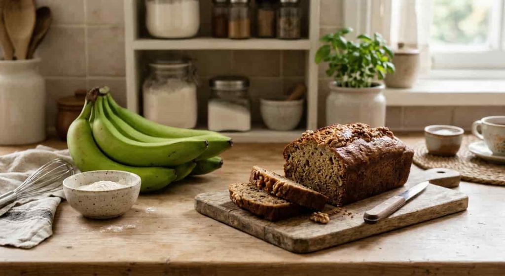 Green bananas beside fresh banana bread in cozy kitchen