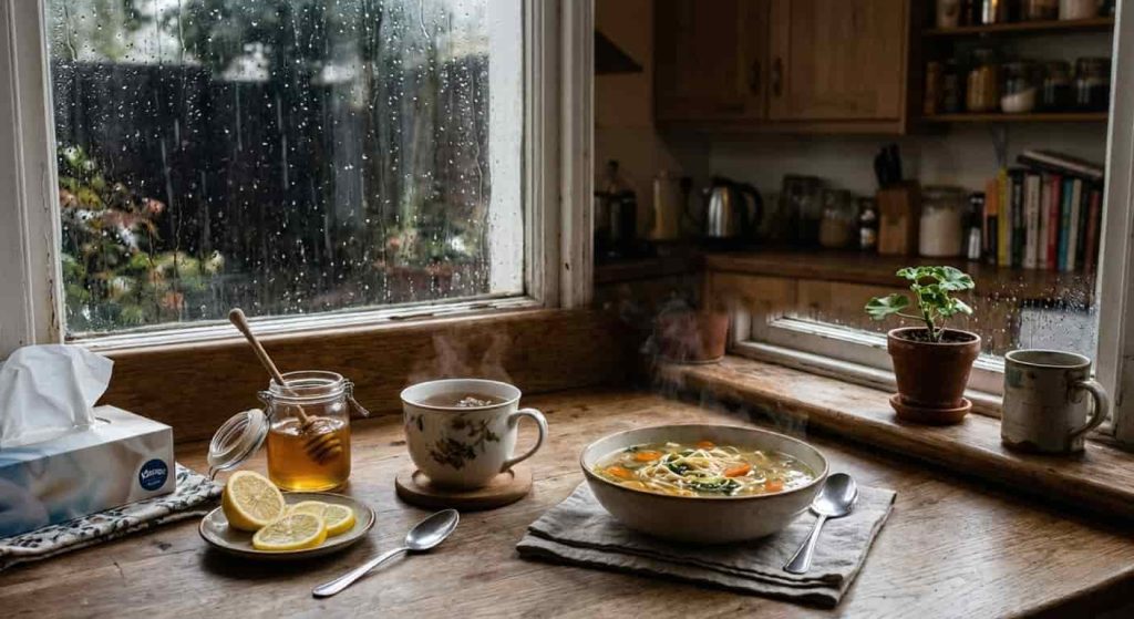 Cozy home remedies for cold with tea, honey, and lemon