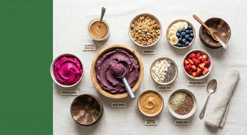 Palmetto superfoods menu ingredients including acai pitaya fruits seeds and nut butters