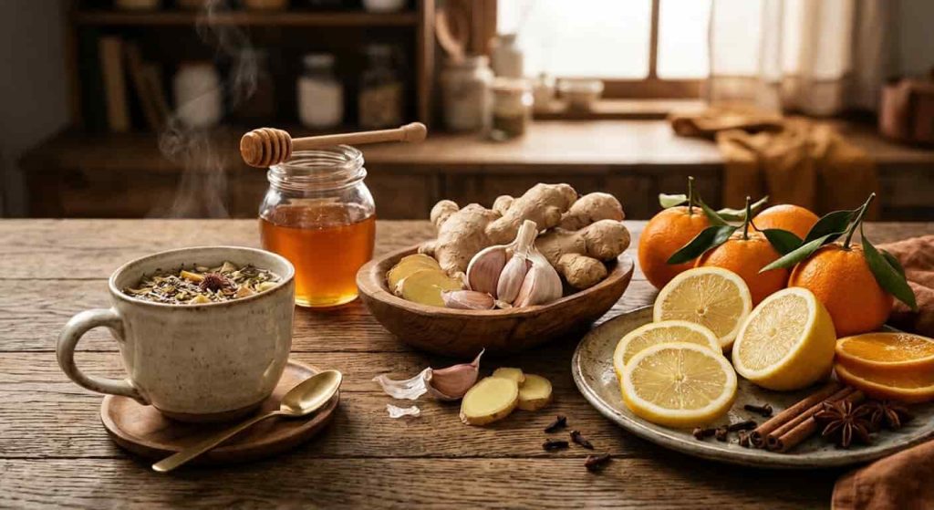 Ginger garlic honey and lemon natural cold remedies