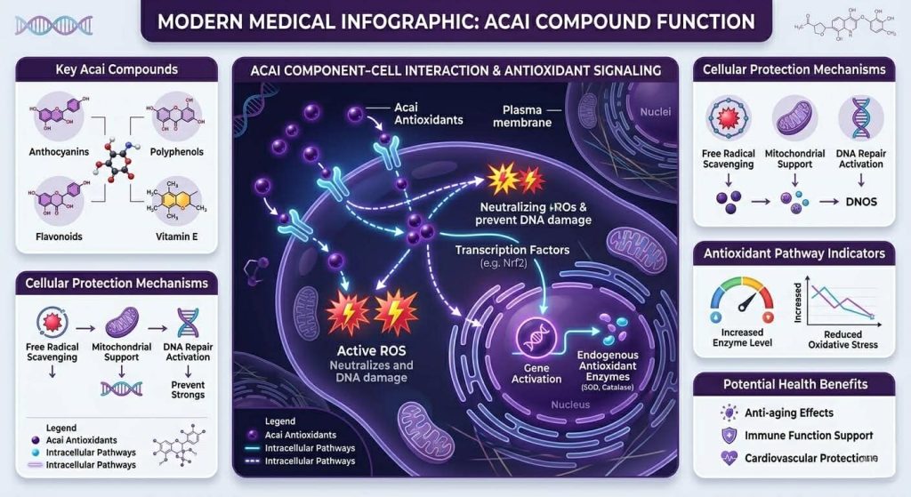 Acai antioxidants interacting with cells in scientific illustration