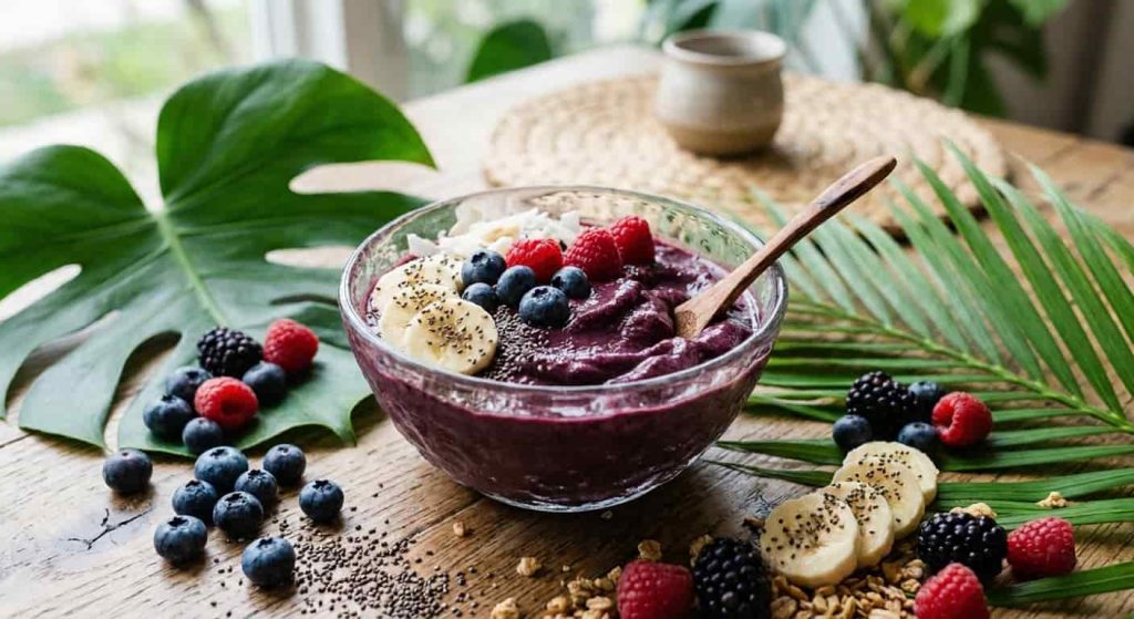 Acai frozen puree bowl with berries, banana slices and chia seeds