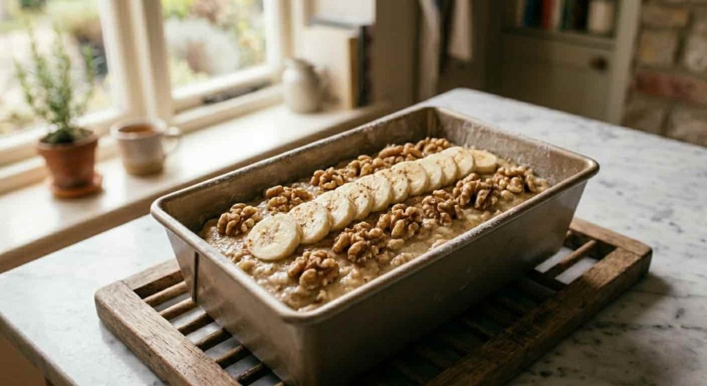 Banana bread batter prepared in loaf pan before baking