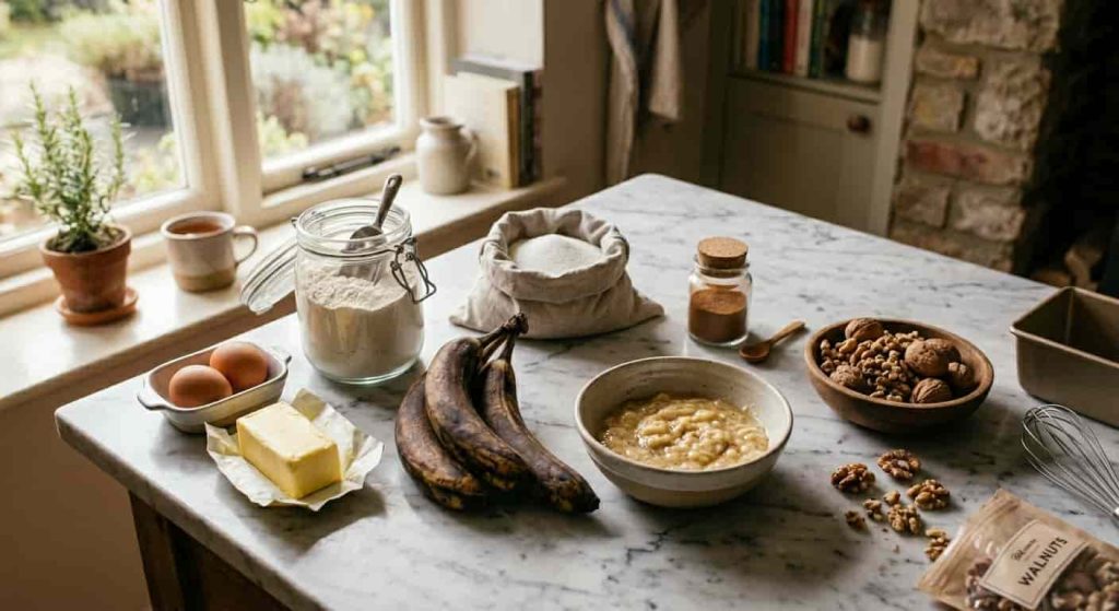 Ingredients for banana bread recipe including bananas flour eggs and walnuts