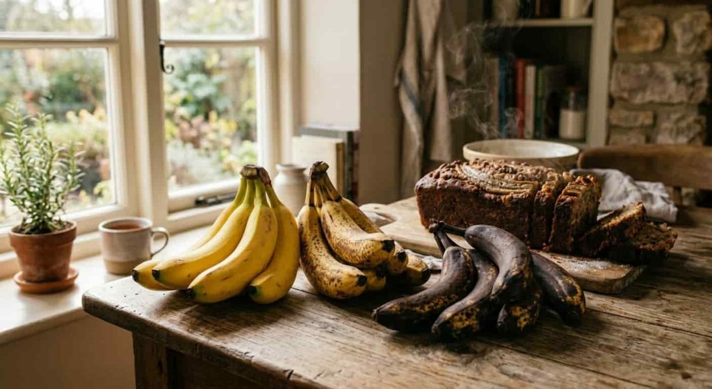 Overripe bananas beside yellow bananas showing different ripening stages