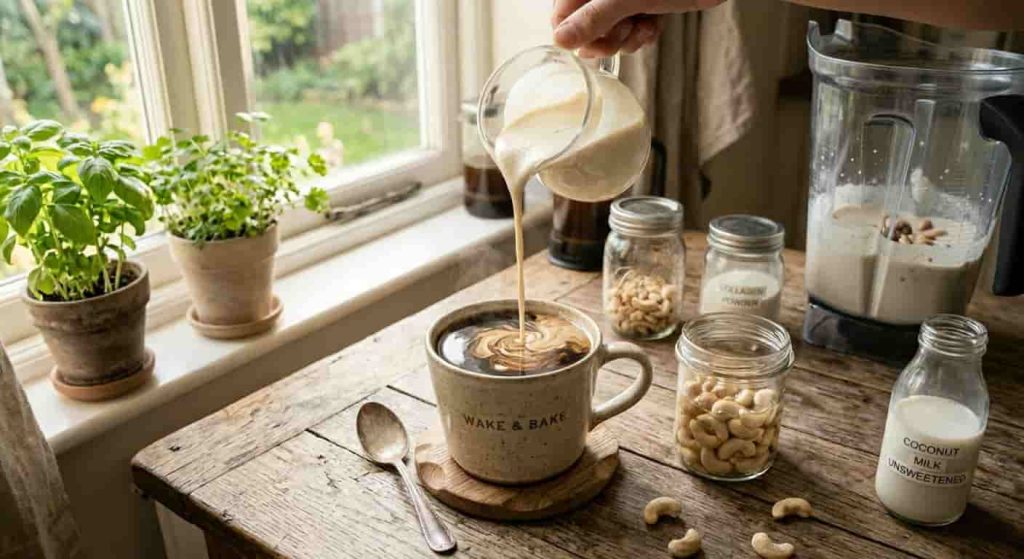 Homemade cashew cream used in coffee instead of heavy cream