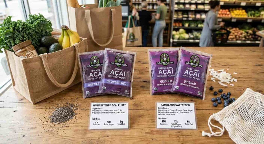 Frozen acai packets showing sweetened and unsweetened comparison