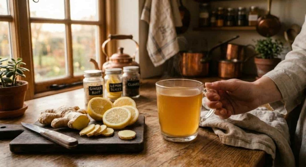 Fresh ginger and lemon tea for bloating and digestion