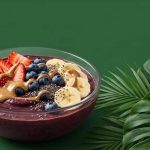 Homemade acai breakfast bowl with healthy toppings