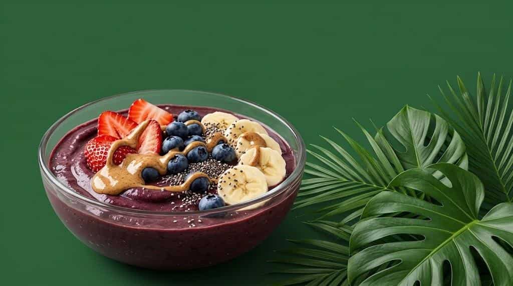Homemade acai breakfast bowl with healthy toppings