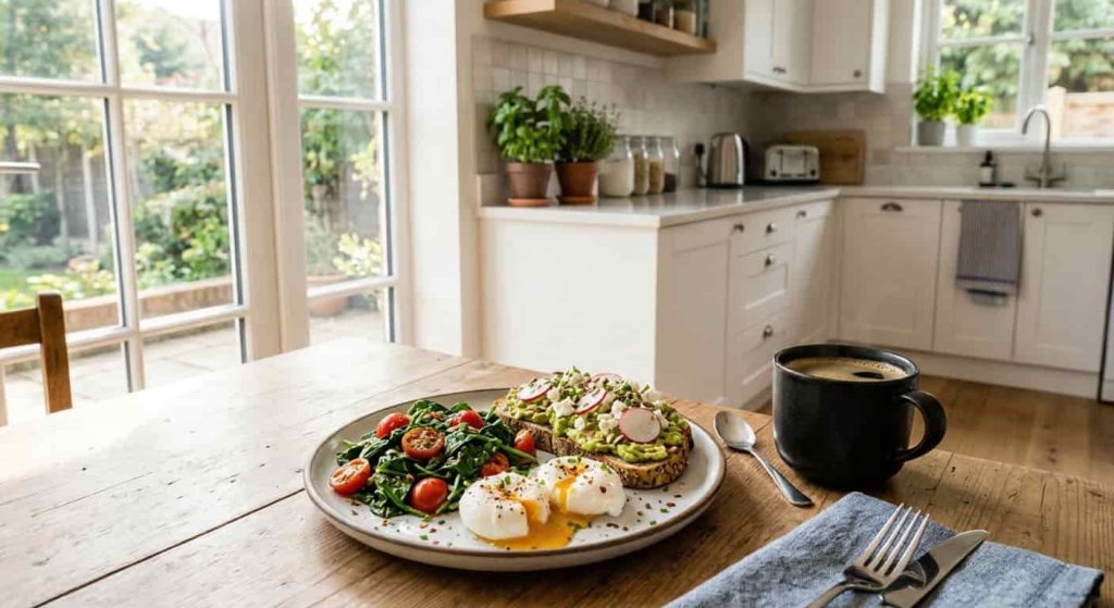 Healthy savory breakfast with eggs and avocado to lower glucose spikes after breakfast