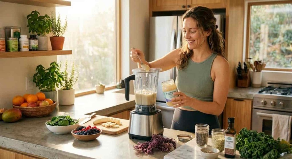Woman making sea moss smoothie for healthy weight loss routine