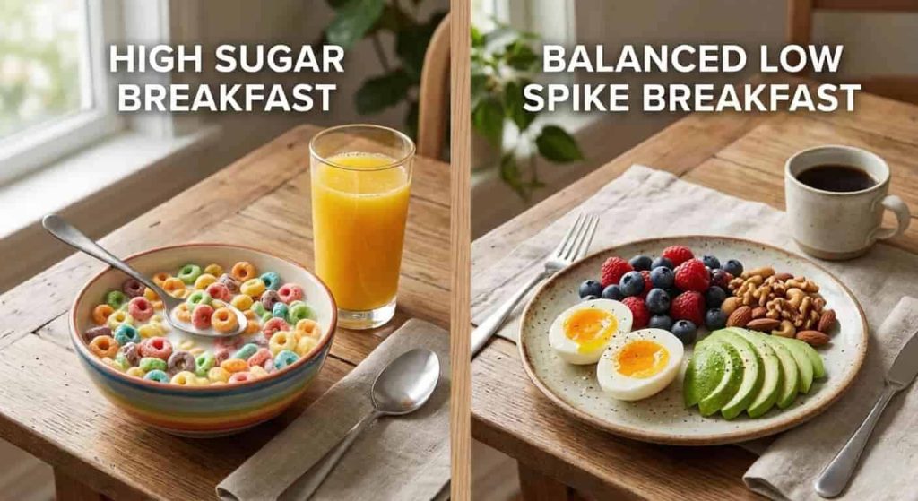 Comparison between sugary breakfast and low spike balanced breakfast