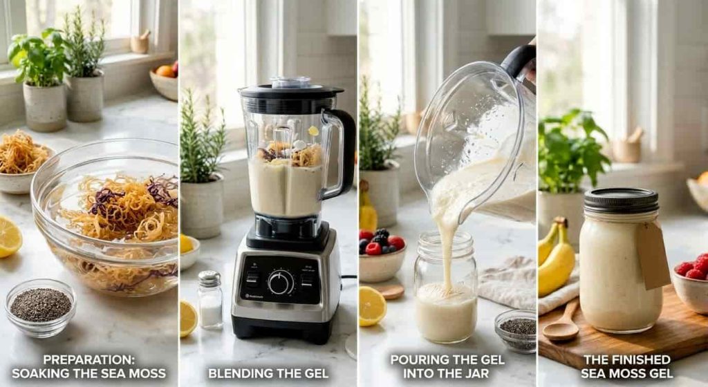 Homemade sea moss gel preparation in a modern kitchen