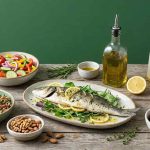 mediterranean diet food list with olive oil vegetables fish and whole grains for healthy eating