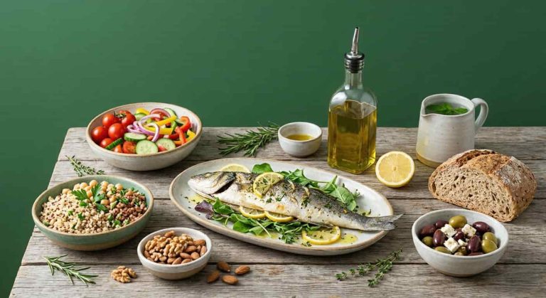 mediterranean diet food list with olive oil vegetables fish and whole grains for healthy eating