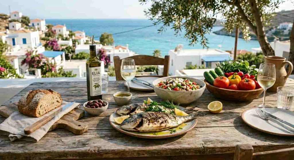 mediterranean diet food list with olive oil vegetables fish grains