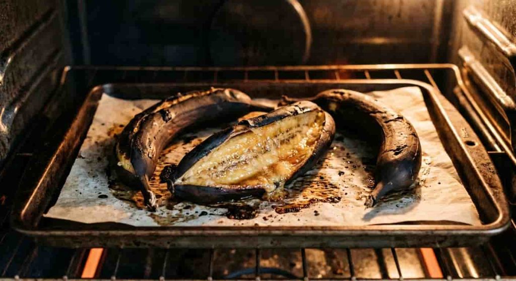 Bananas ripening in oven with black peels and soft inside