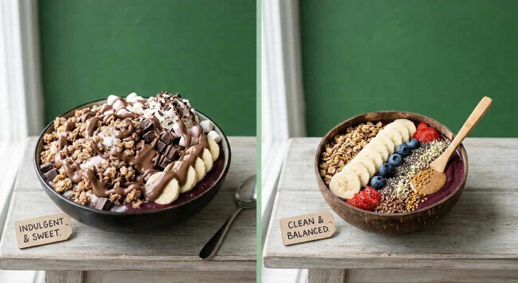 Healthy vs unhealthy acai bowl comparison with balanced toppings and sugary version
