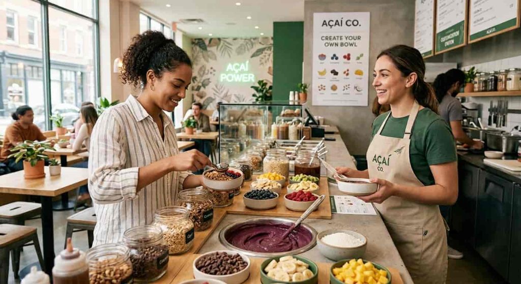 Customer customizing acai bowl at palmetto superfoods cafe counter