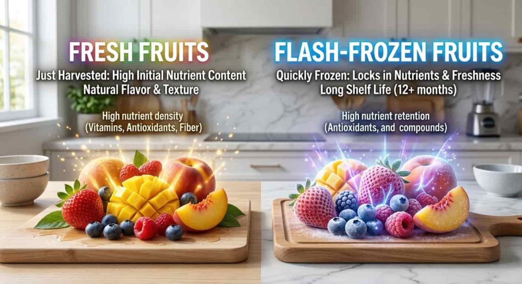 Revive superfoods fresh vs frozen fruits comparison showing nutrient retention and antioxidant levels