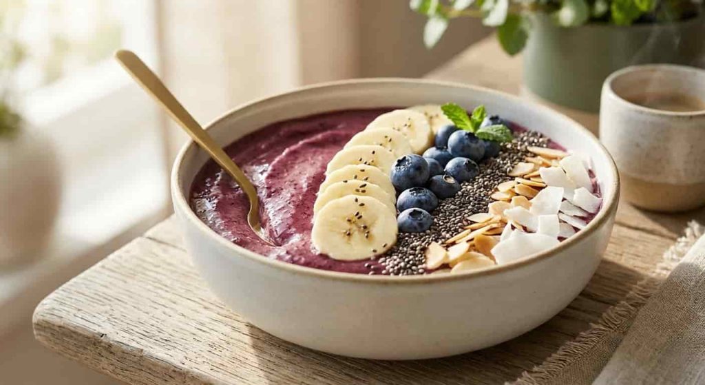 Healthy revive superfoods smoothie bowl with banana blueberries chia seeds and almonds in natural light