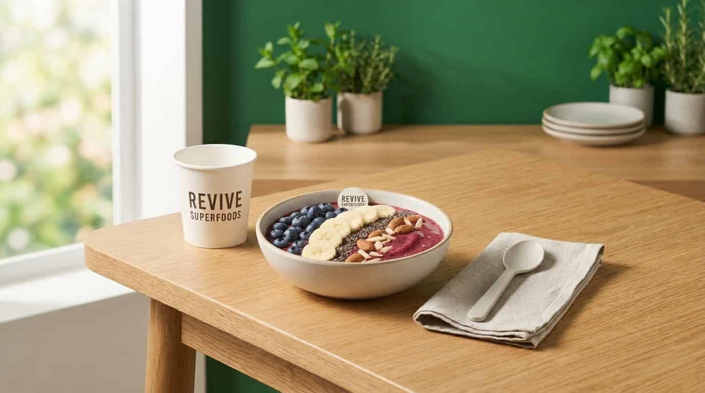 Revive superfoods smoothie bowl healthy breakfast with berries banana chia seeds