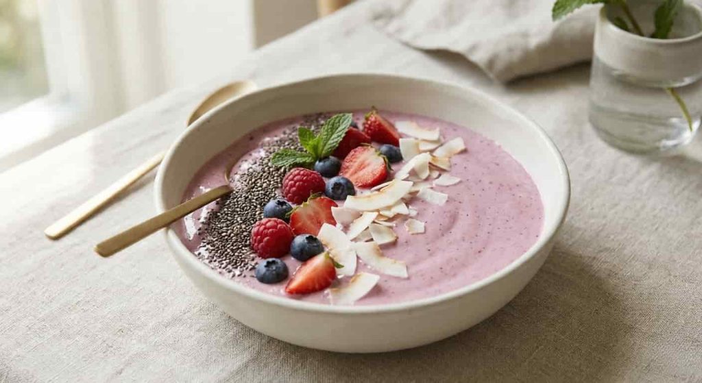 Thick revive superfoods smoothie bowl with chia seeds berries and coconut flakes for a filling healthy meal