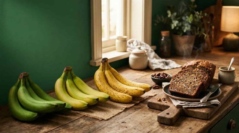 Green bananas turning ripe beside fresh banana bread