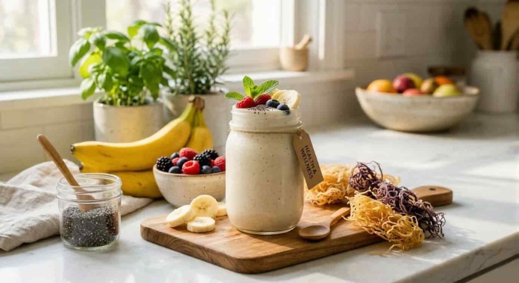 Creamy sea moss smoothie with berries and chia seeds for weight loss