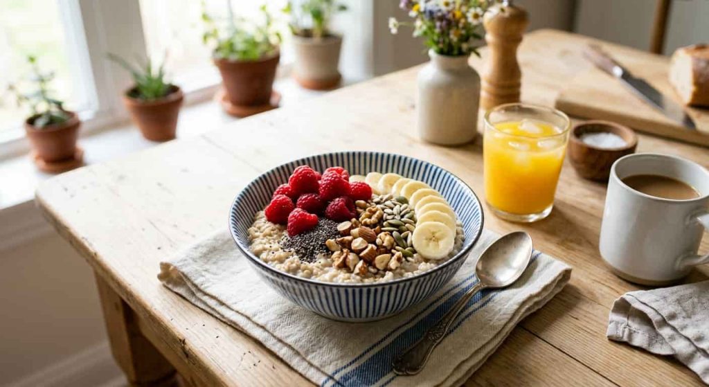 Steel-cut oats with chia seeds and berries as a healthy high fiber breakfast
