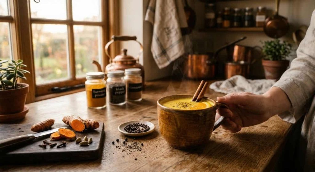 Golden turmeric tea with black pepper for gut inflammation relief