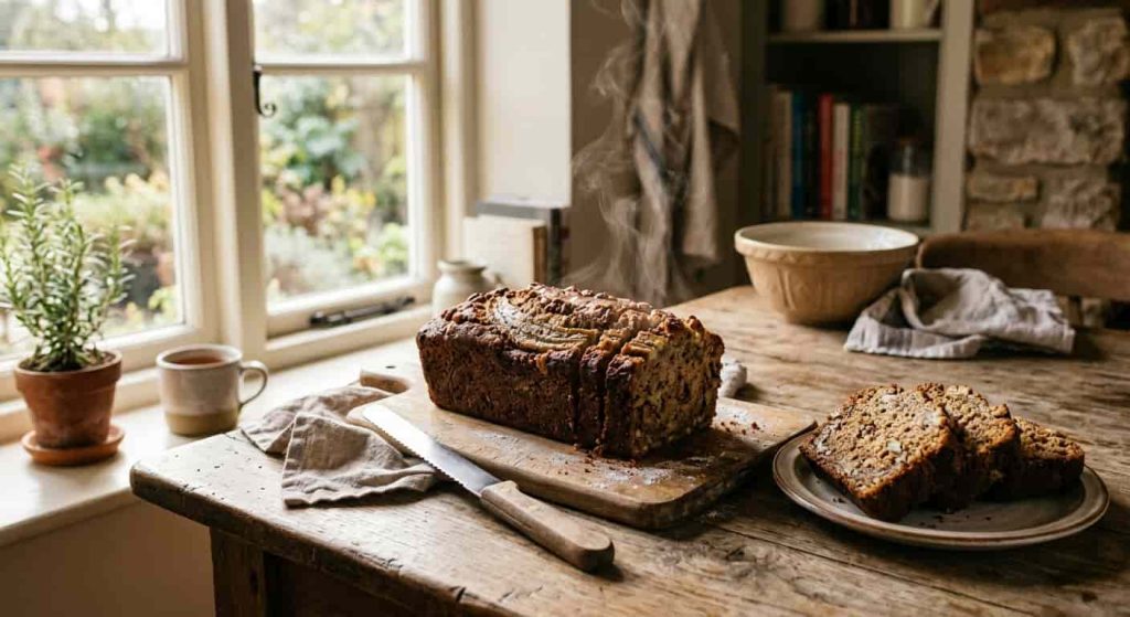 Warm homemade banana bread loaf sliced on a wooden table with steam rising