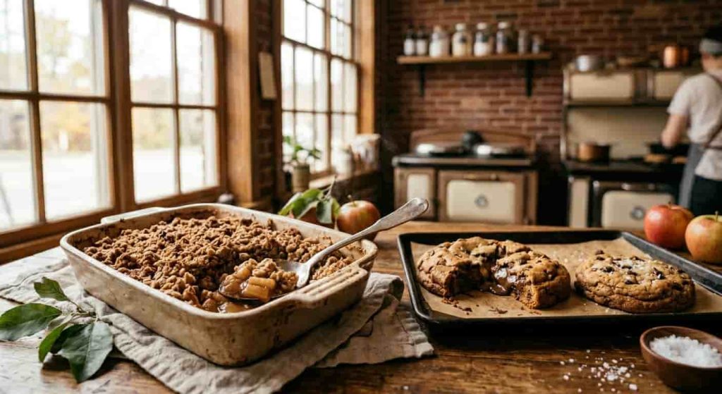 Traditional apple crumble dessert compared with CrumblCookies